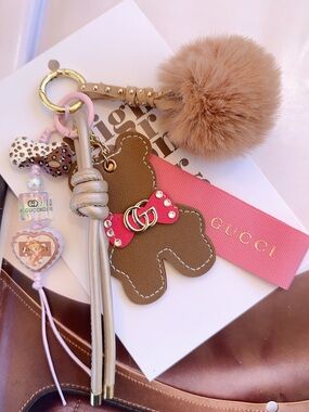 Gucci Ribbon with unbranded Brown Teddy Bear Keychain with Pink Bow Pom Charm